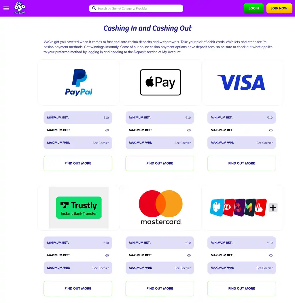 Payments PlayOJO Casino